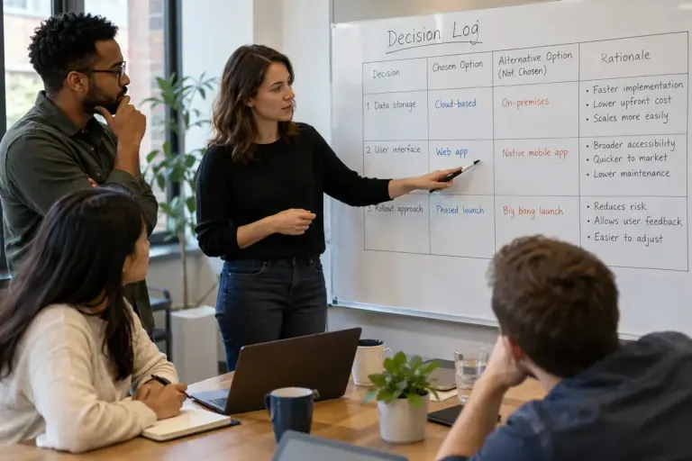 A project team reviewing a concise decision log with alternative options on a whiteboard.