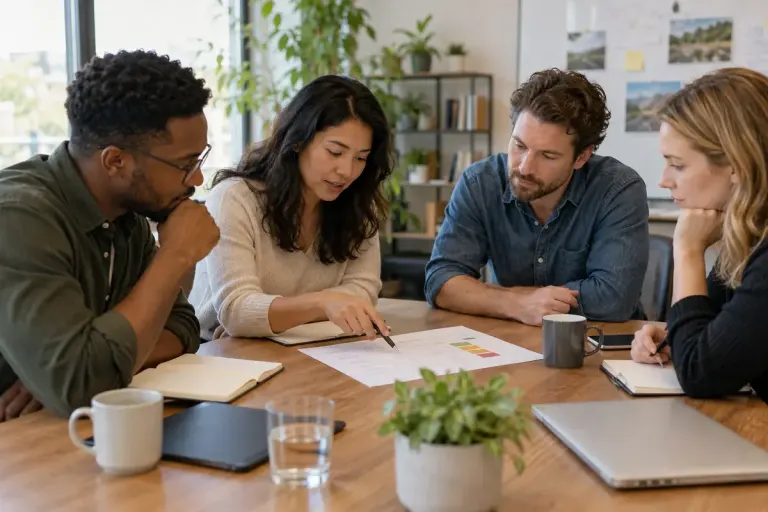 Colleagues discussing work and development around a meeting table.