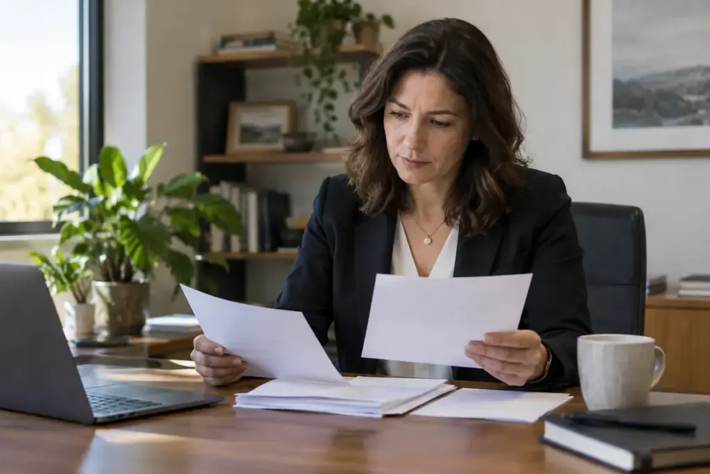A project manager comparing a printed project plan with proposed changes at a calm office desk.