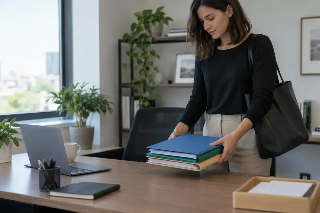 A worker arranging three task folders before leaving a tidy office desk.
