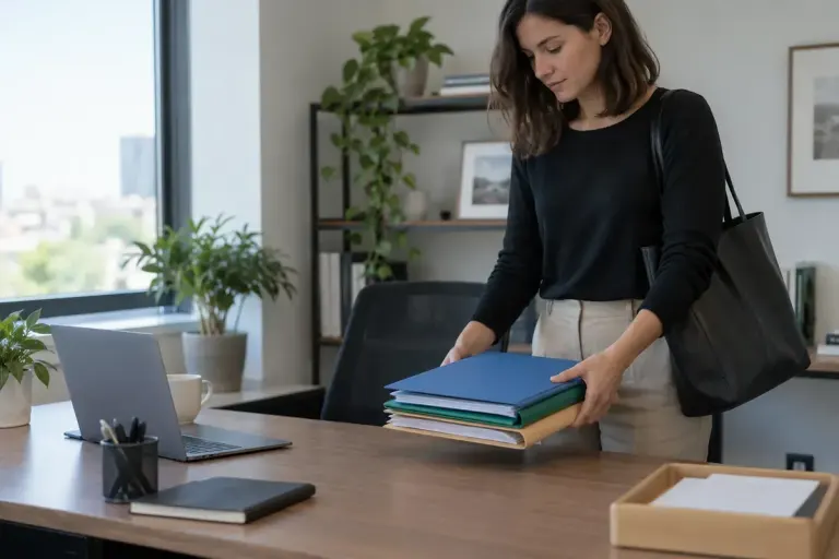 A worker arranging three task folders before leaving a tidy office desk.