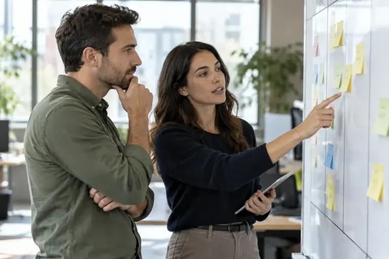 Two colleagues reviewing a small task board with unreadable notes in a daylight office.