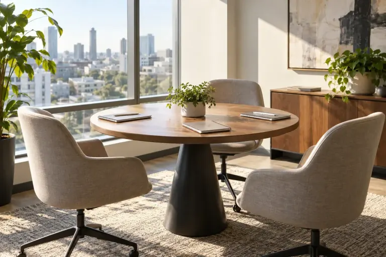 A round table prepared for a small workplace conversation.