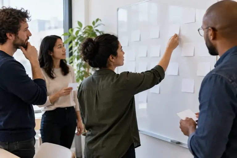 A small team arranging blank observation cards on a whiteboard in a bright meeting room.