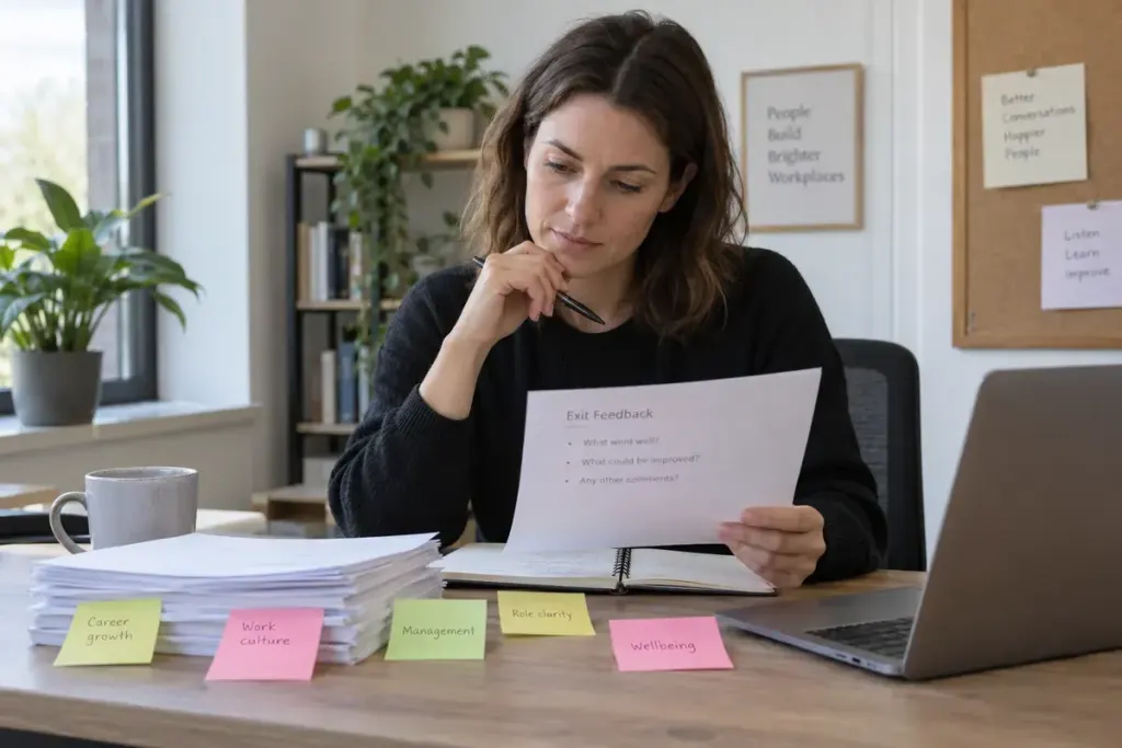 An hr colleague reviewing anonymised exit feedback notes at an office desk.