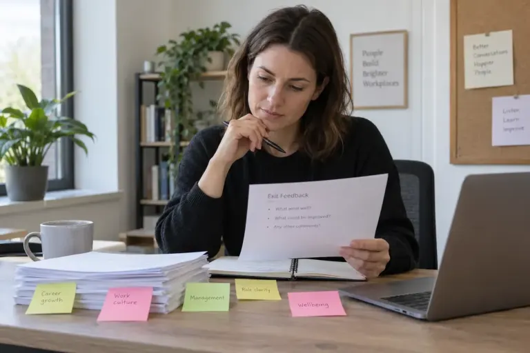 An hr colleague reviewing anonymised exit feedback notes at an office desk.