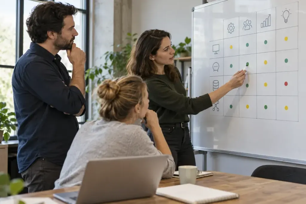 Three colleagues reviewing a simple skills grid on a whiteboard.