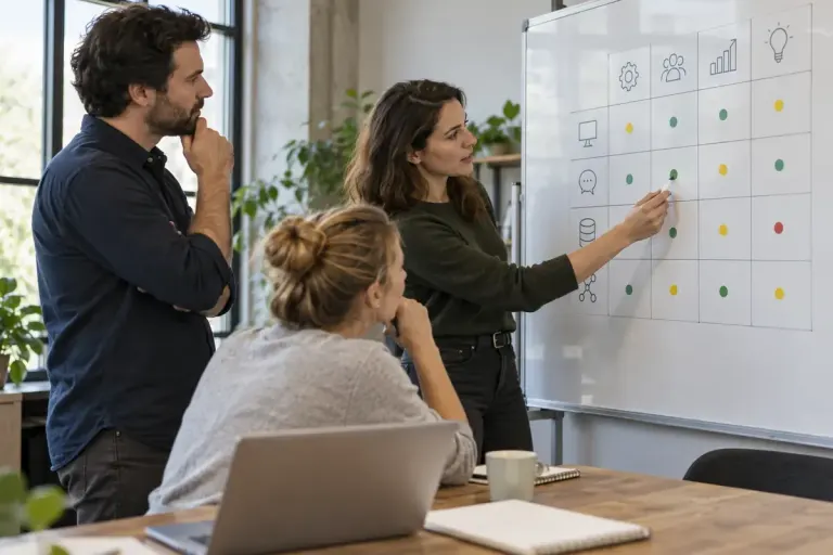 Three colleagues reviewing a simple skills grid on a whiteboard.
