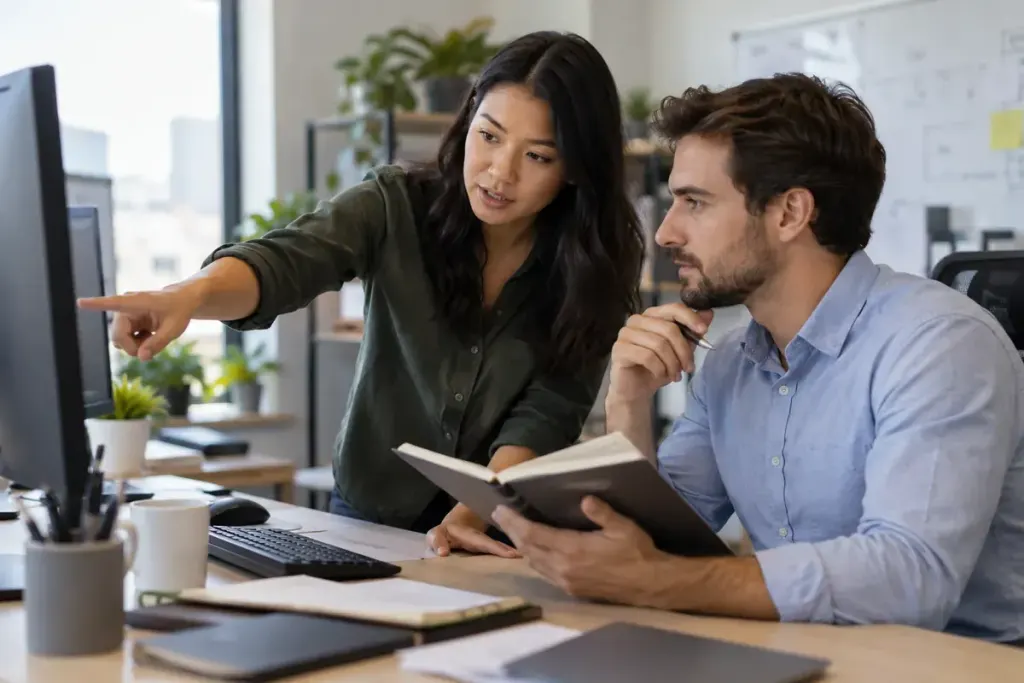 Two colleagues practising a work handover together at an office desk.