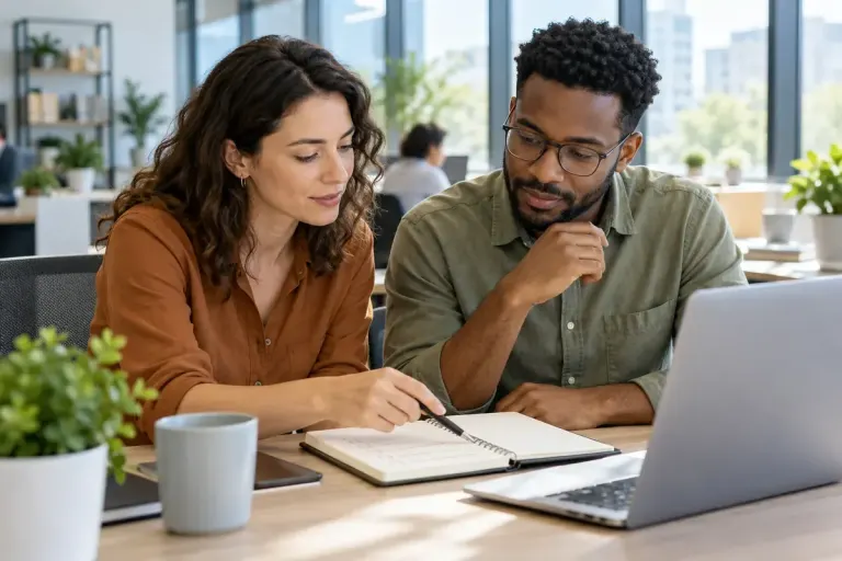 Two colleagues walking through a task together at a shared office workstation with a checklist.