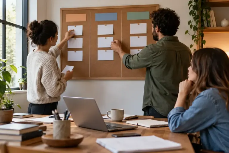 A small team board with three columns of unmarked cards beside a working desk.