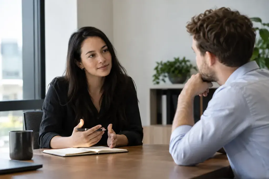 Two colleagues in a quiet workplace feedback conversation with a simple notebook on the table.