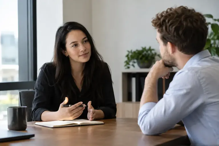 Two colleagues in a quiet workplace feedback conversation with a simple notebook on the table.