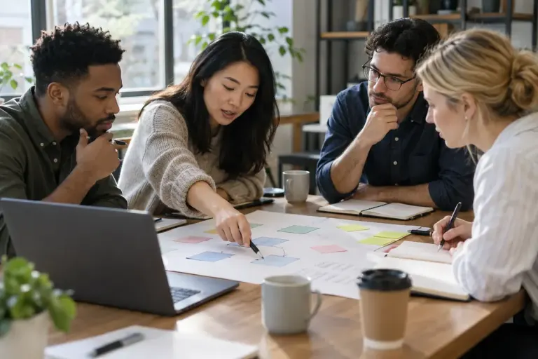 Small team reviewing a simple process chart and customer outcome notes on a meeting table.