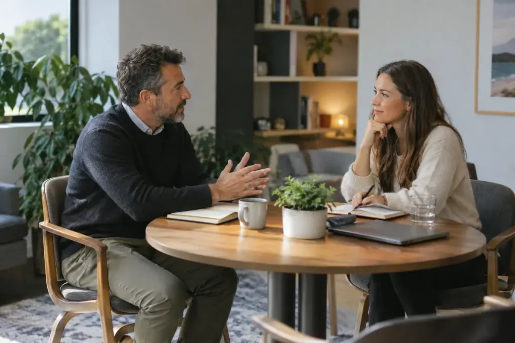 Manager and colleague talking across a small round table with notebooks, relaxed private office, no corporate branding.
