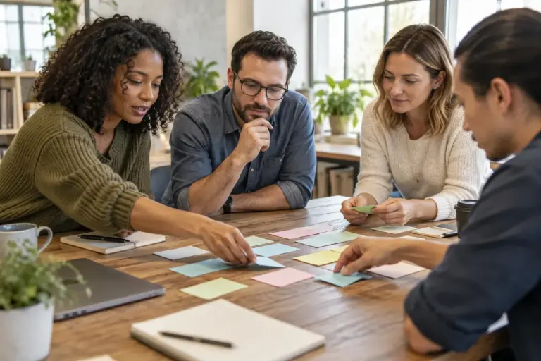 A project team arranging simple stakeholder cards around a shared work table.