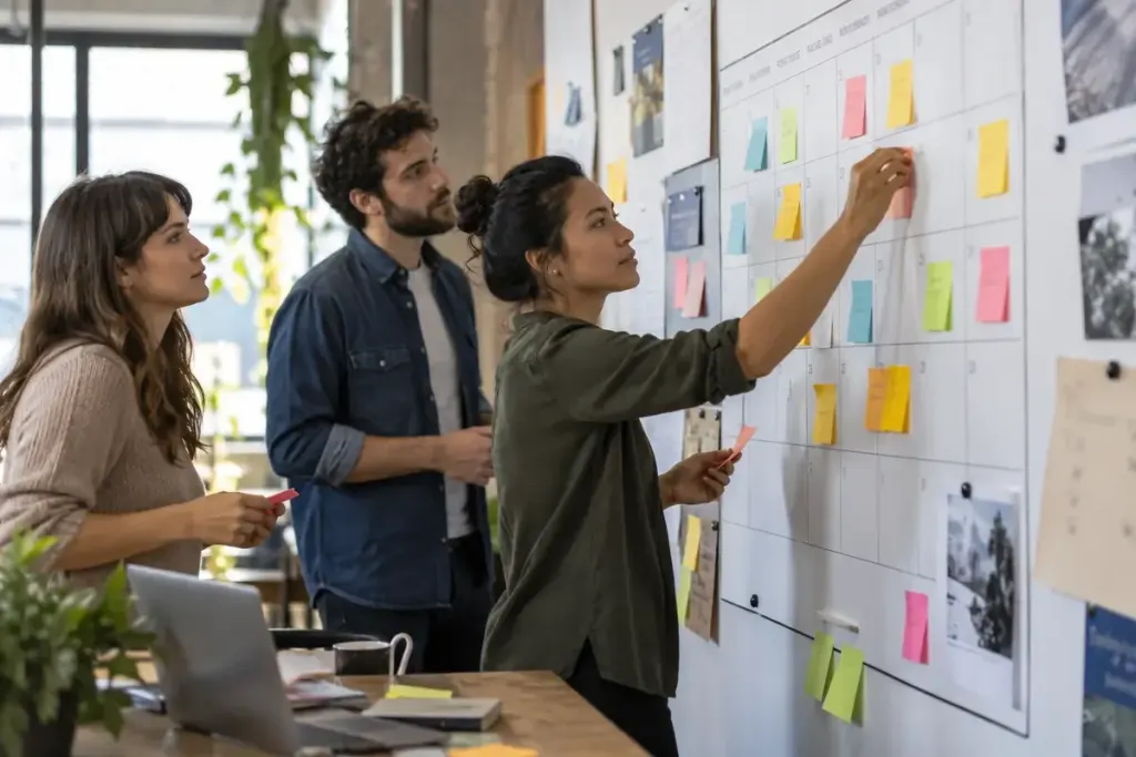 Colleagues reviewing a meeting board with sticky notes in an office.