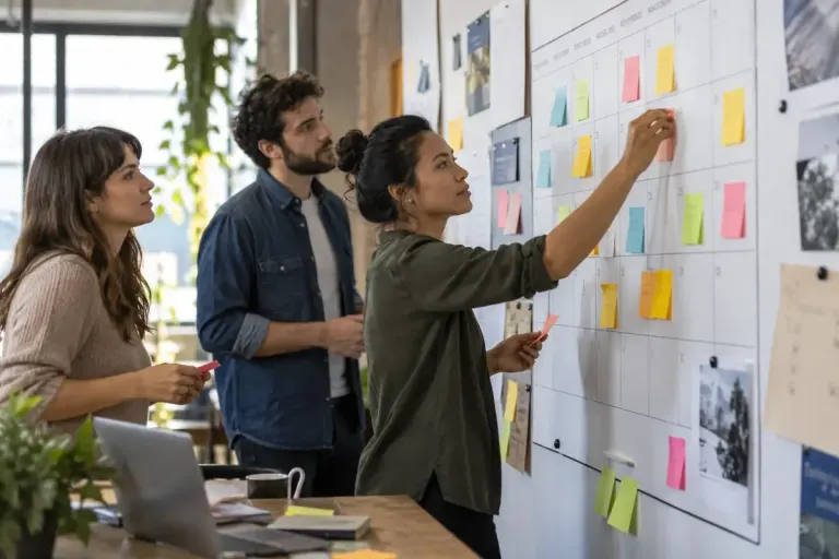 Colleagues reviewing a meeting board with sticky notes in an office.