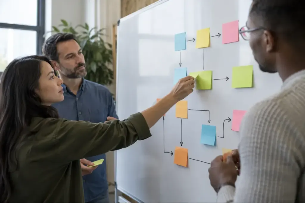 Team arranging task cards connected by simple arrows on a whiteboard.