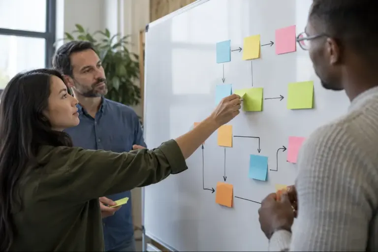 Team arranging task cards connected by simple arrows on a whiteboard.