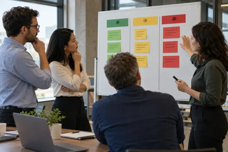 Project team discussing a risk board with three coloured status cards.