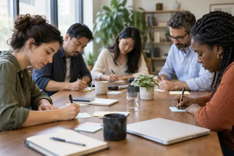 A project team quietly writing possible failure scenarios on individual note cards before a discussion.