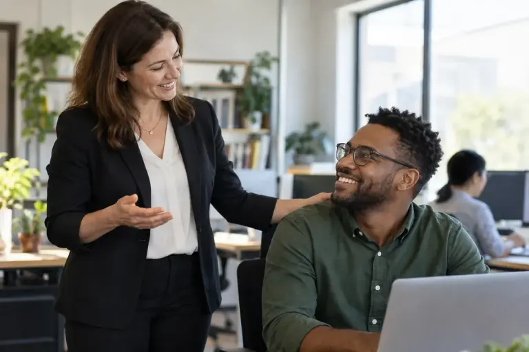 A team leader and colleague talking in an office during the working day.