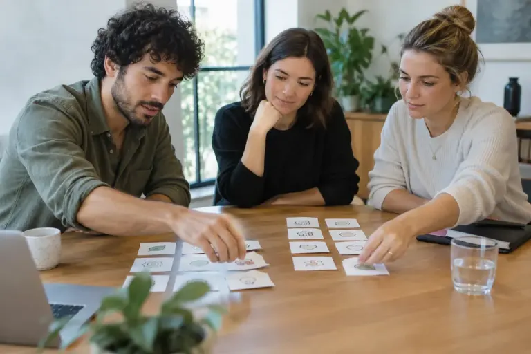 A small team sorting decision cards into two groups on a meeting table.