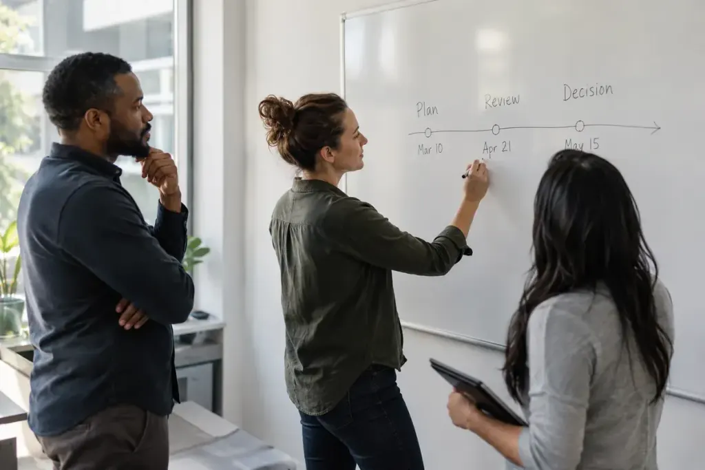 Three colleagues marking a decision and review date on a plain meeting board.