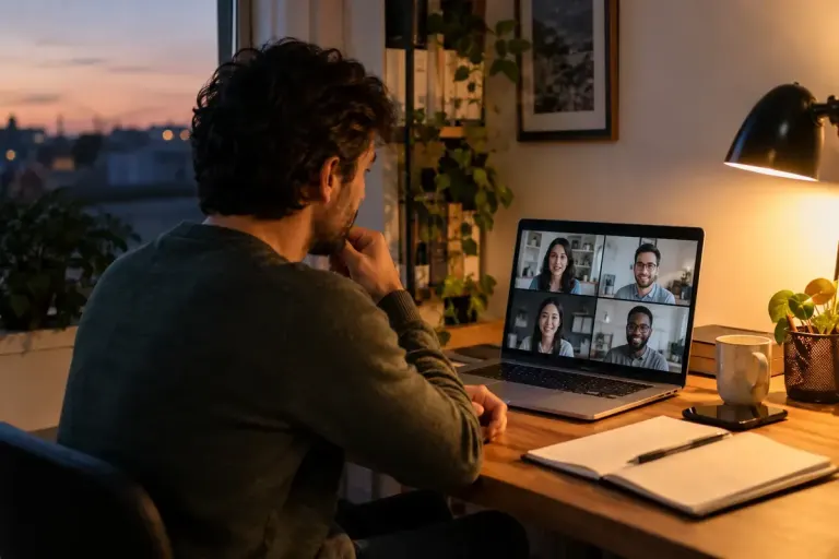An adult remote worker participating in a small video meeting on a laptop in a home office at dusk, distant colleagues on screen.
