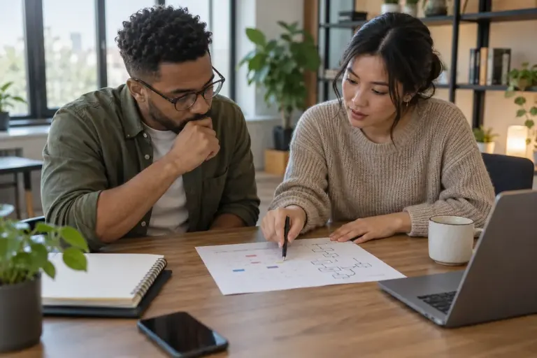 Two colleagues discussing team responsibilities and work capacity at a desk.