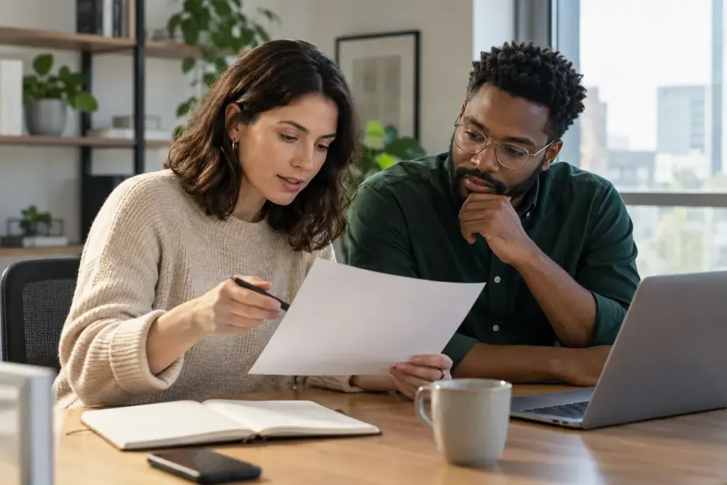 Two team members reviewing a short decision note in an office.