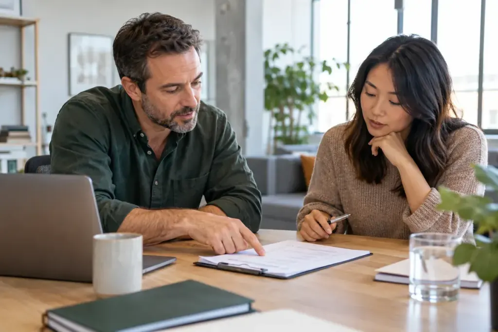 A manager and colleague reviewing a short project closure checklist together at a bright contemporary office table.